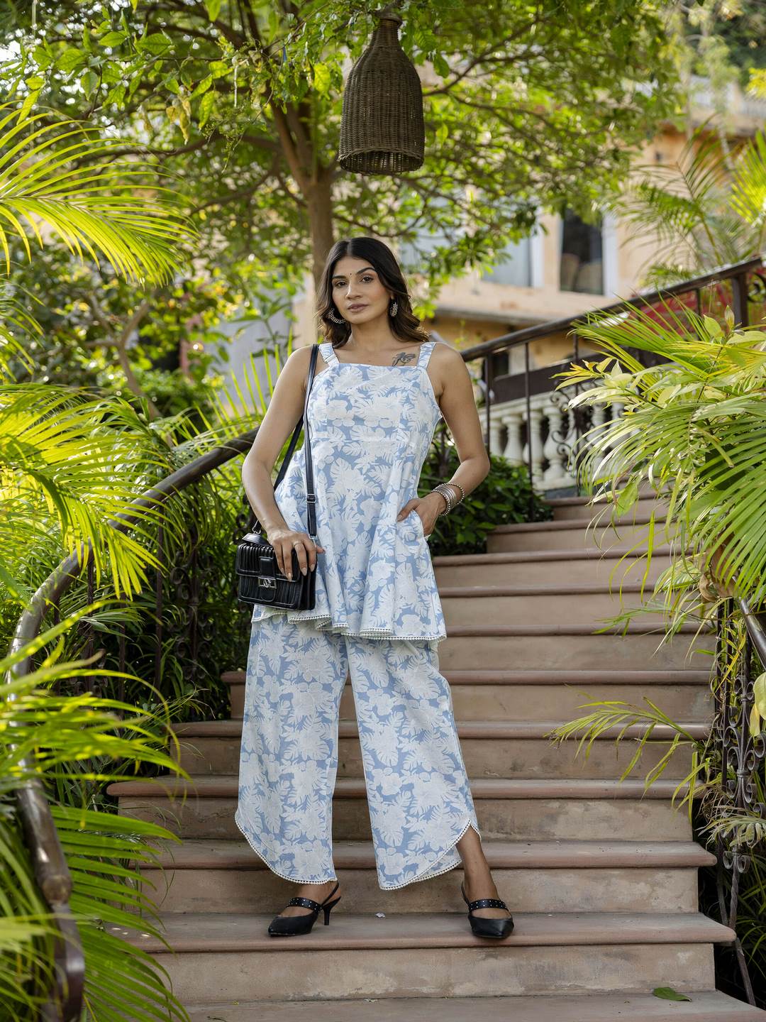 Blue Abstract Printed Peplum Top With Pant