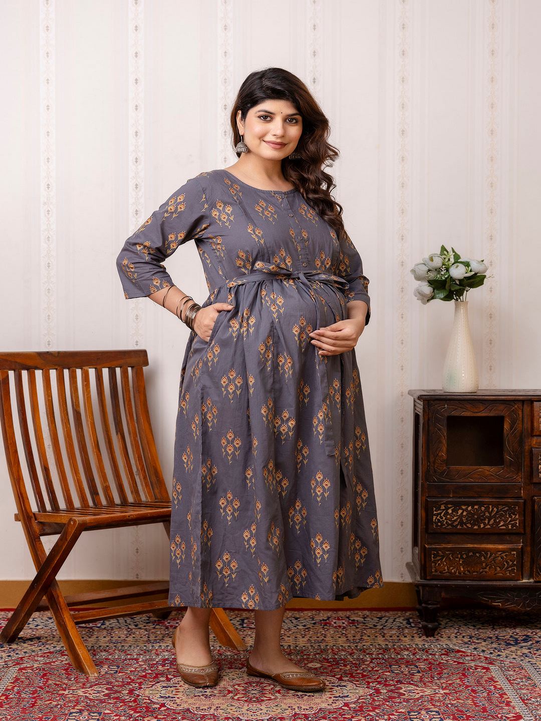Grey Ethnic Maternity Dress For Women Trendphoria Grey Ethnic Maternity Dress For Women Trendphoria