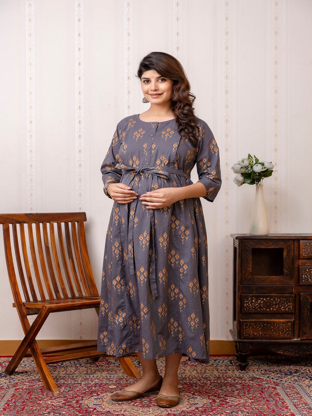 Grey Ethnic Maternity Dress For Women