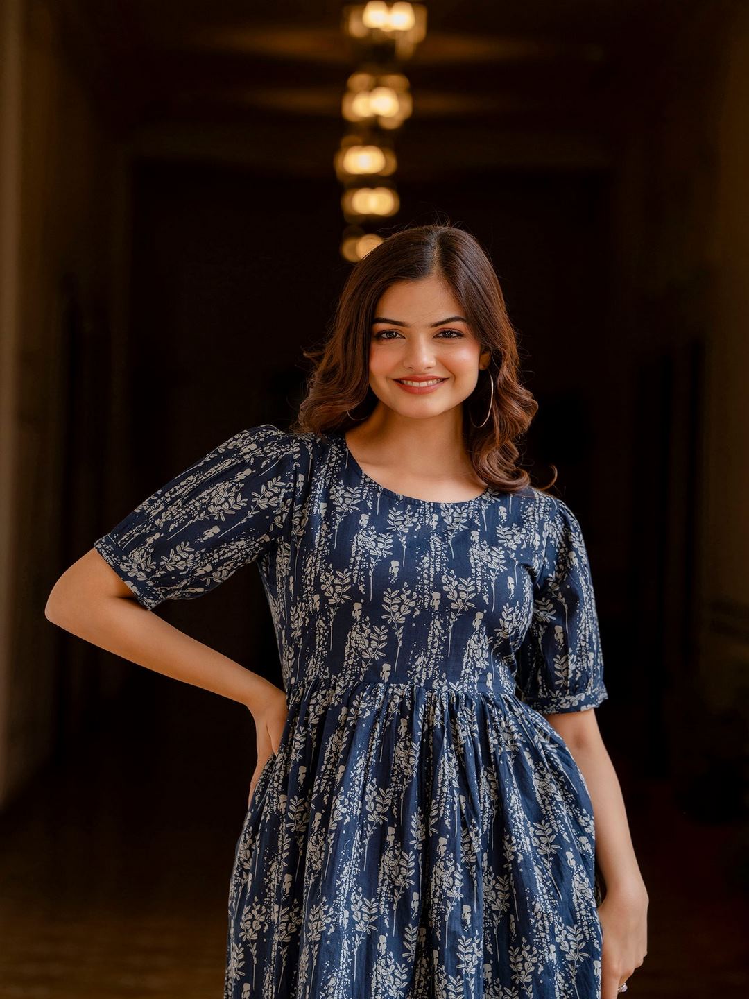 Navy Blue Printed Flared Dress
