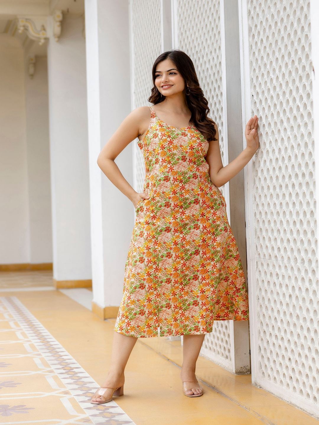 Multi Floral Printed Sleeveless Dress