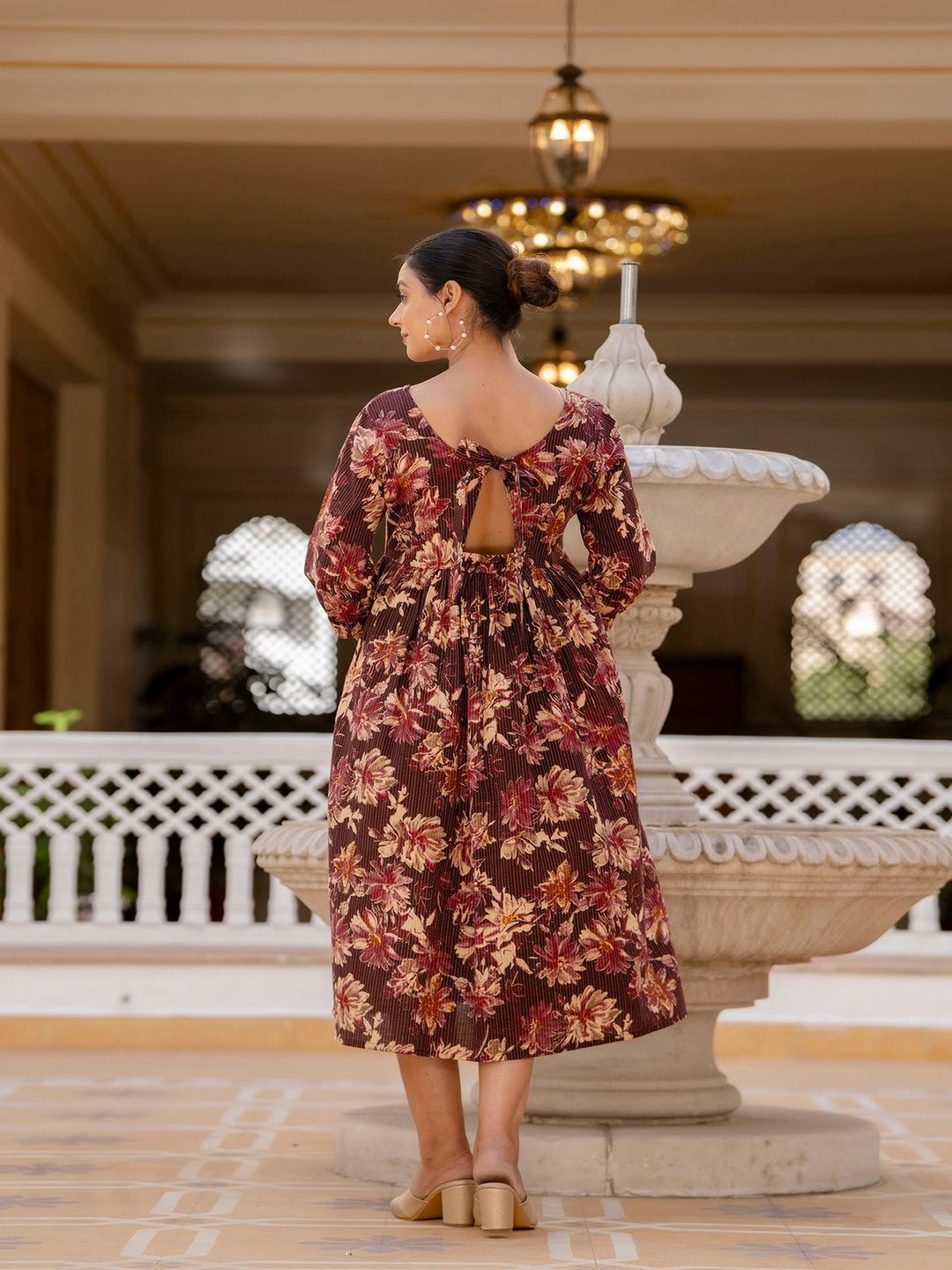 Burgundy Printed Flared Dress