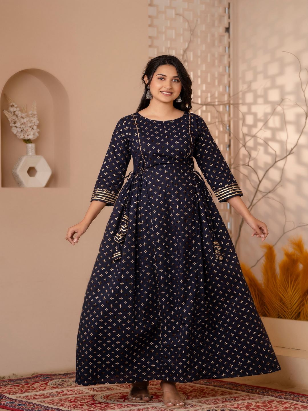 Navy Blue Gold Printed Flared Dress With Three Quarter Sleeves Trendphoria Navy Blue Gold Printed Flared Dress With Three Quarter Sleeves Trendphoria