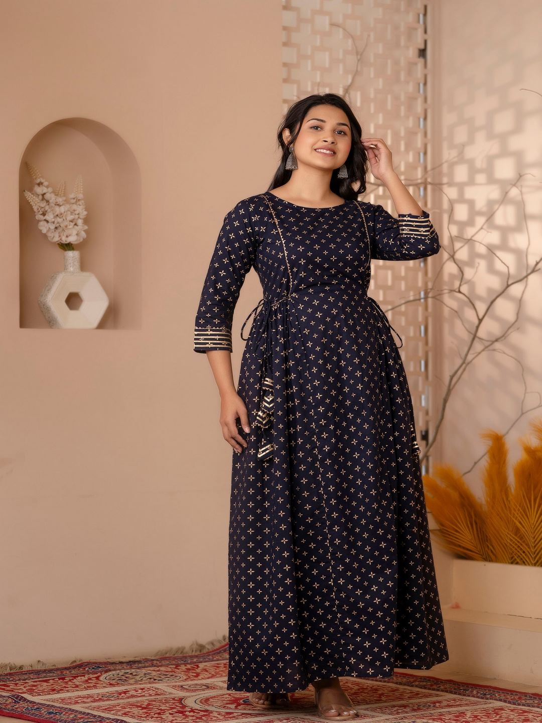 Navy Blue Gold Printed Flared Dress With Three Quarter Sleeves