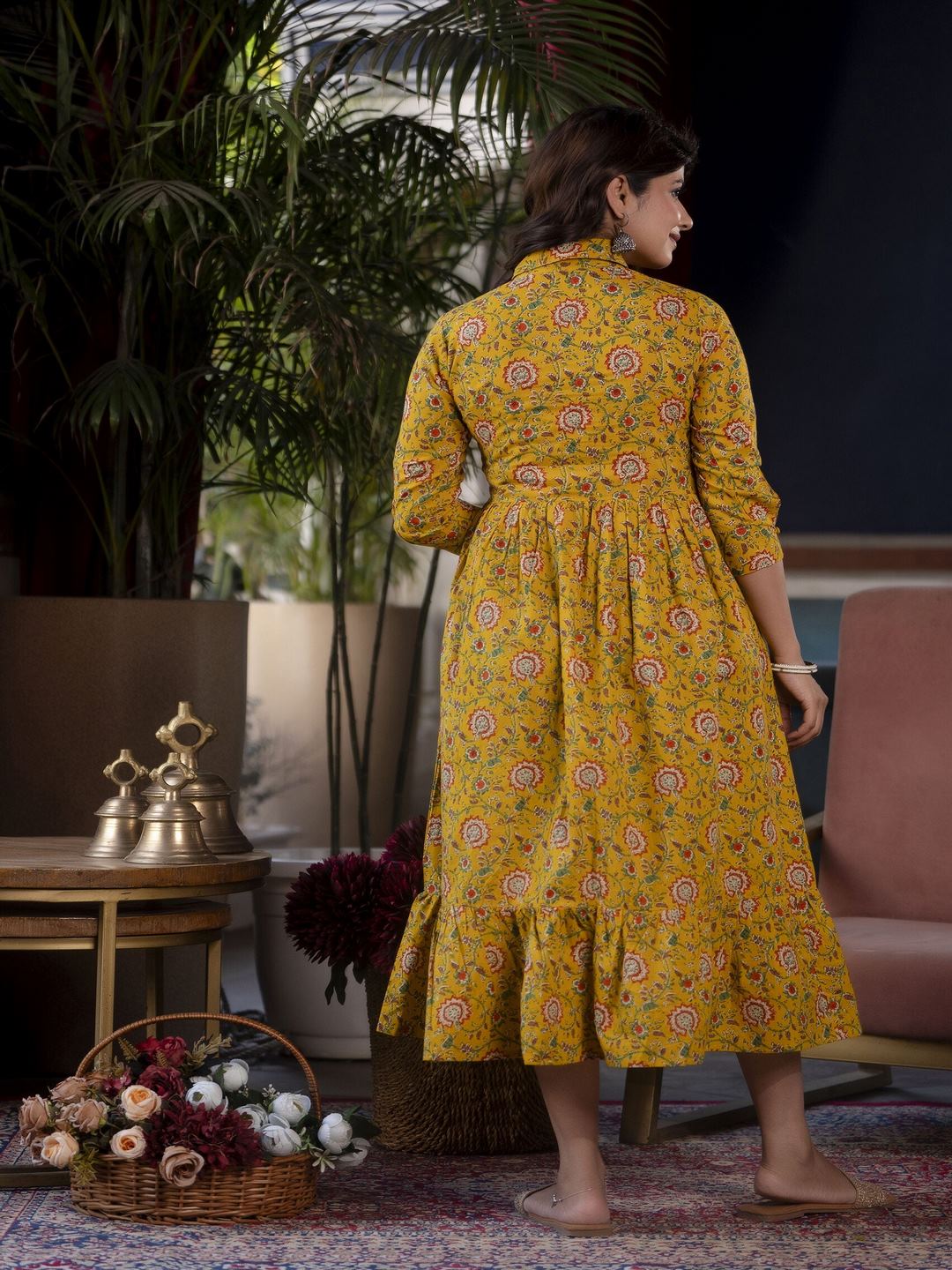 Yellow Floral Printed Flared Dress