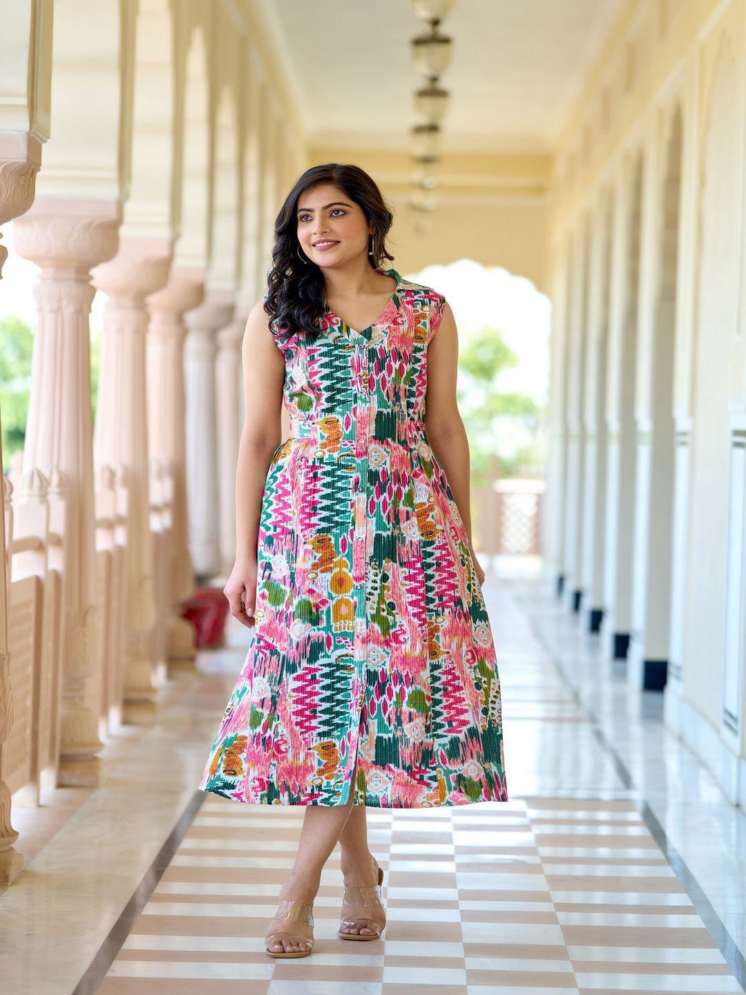 Multi Colure Printed Sleeveless A-Line Dress