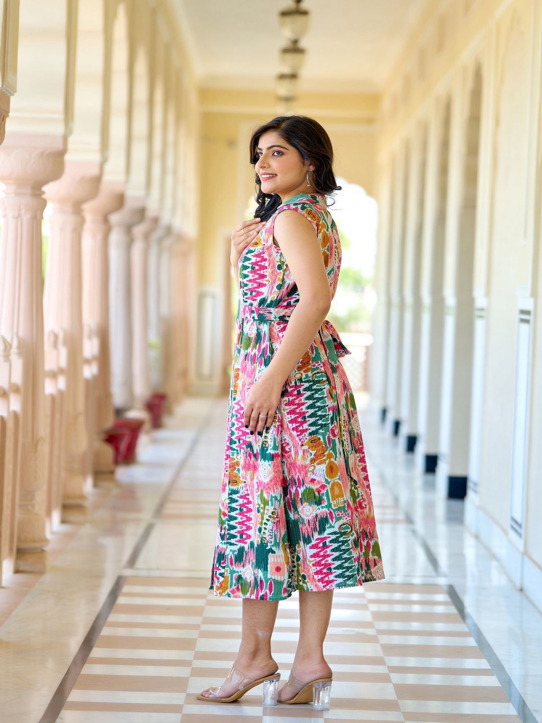 Multi Colure Printed Sleeveless A-Line Dress