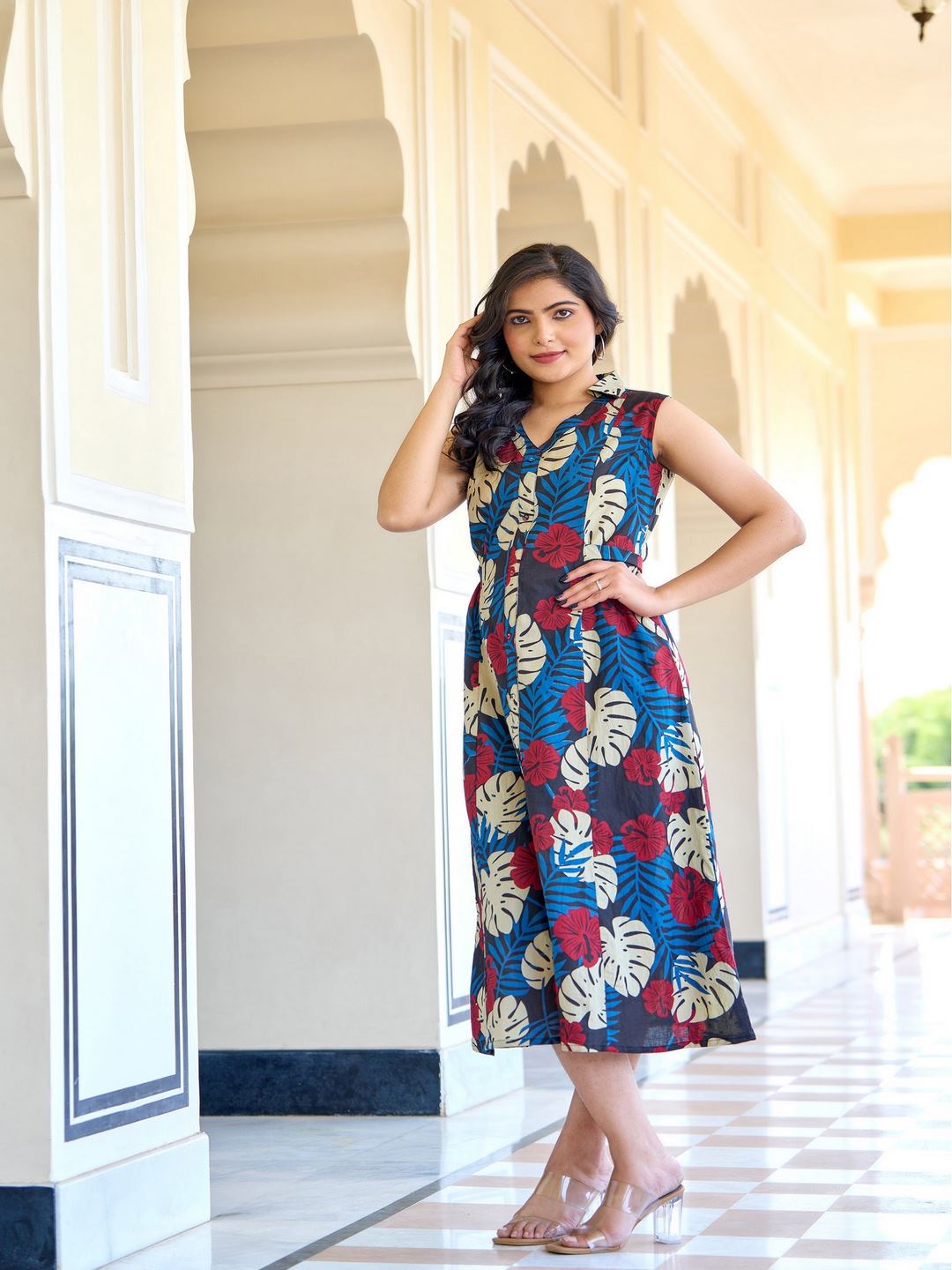 Black Abstract Printed Sleeveless A-Line Dress