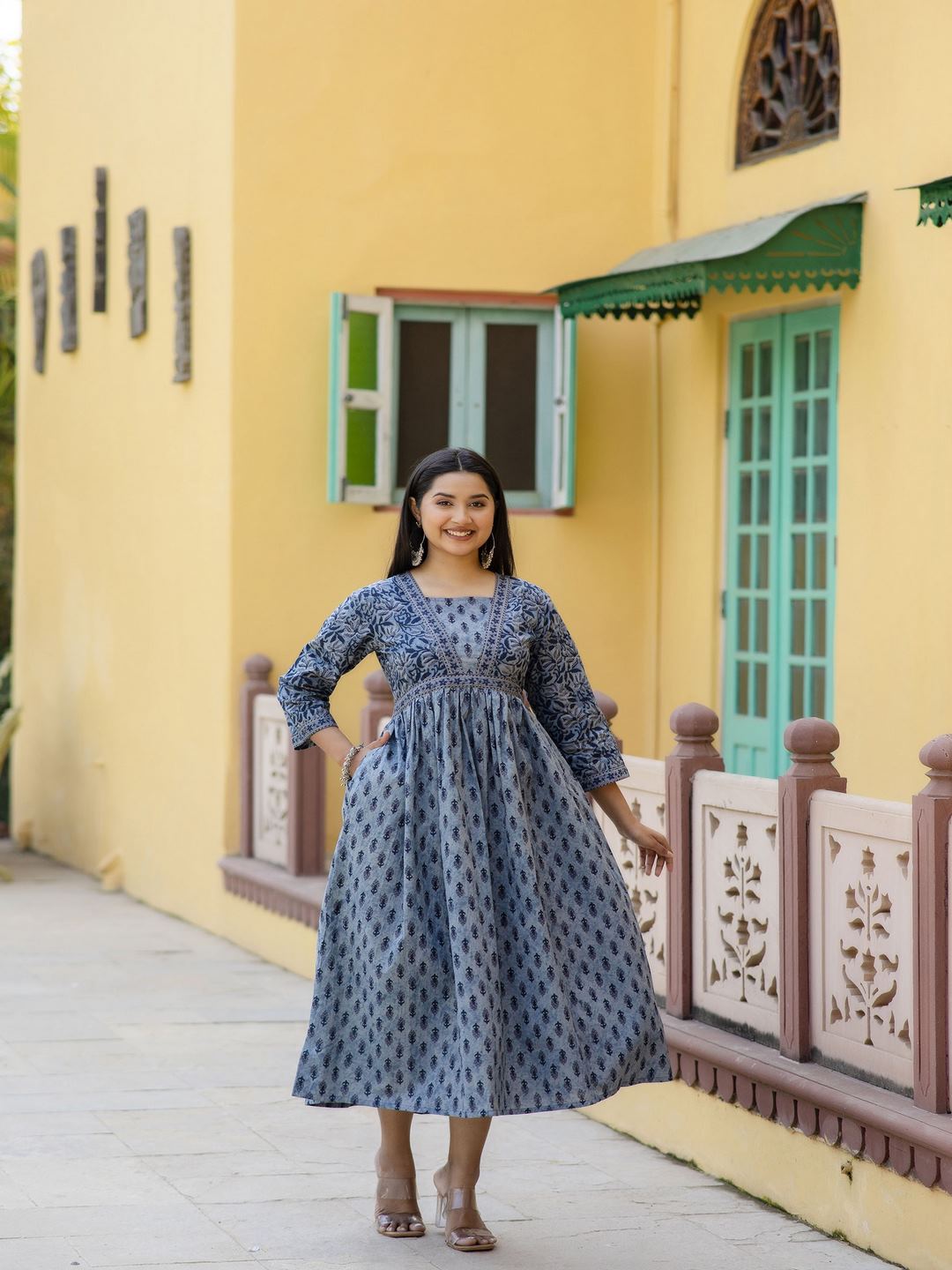 Grey Ethnic Printed Flared Dress  Trendphoria