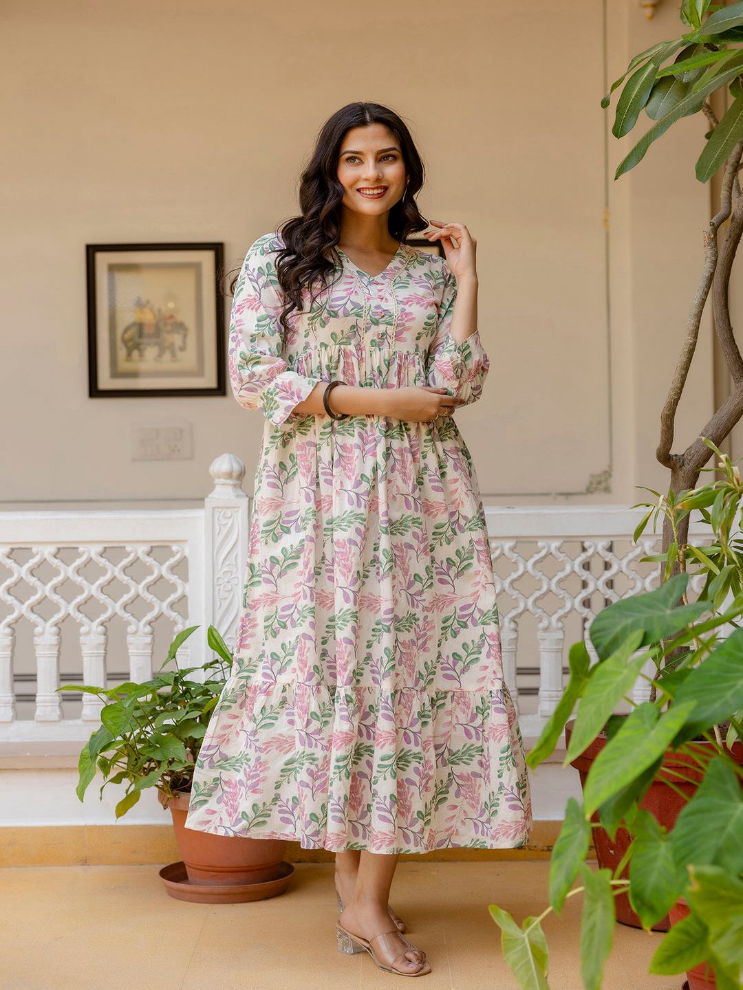 Off-White Floral Printed Flared Dress With Three Quarter Sleeves