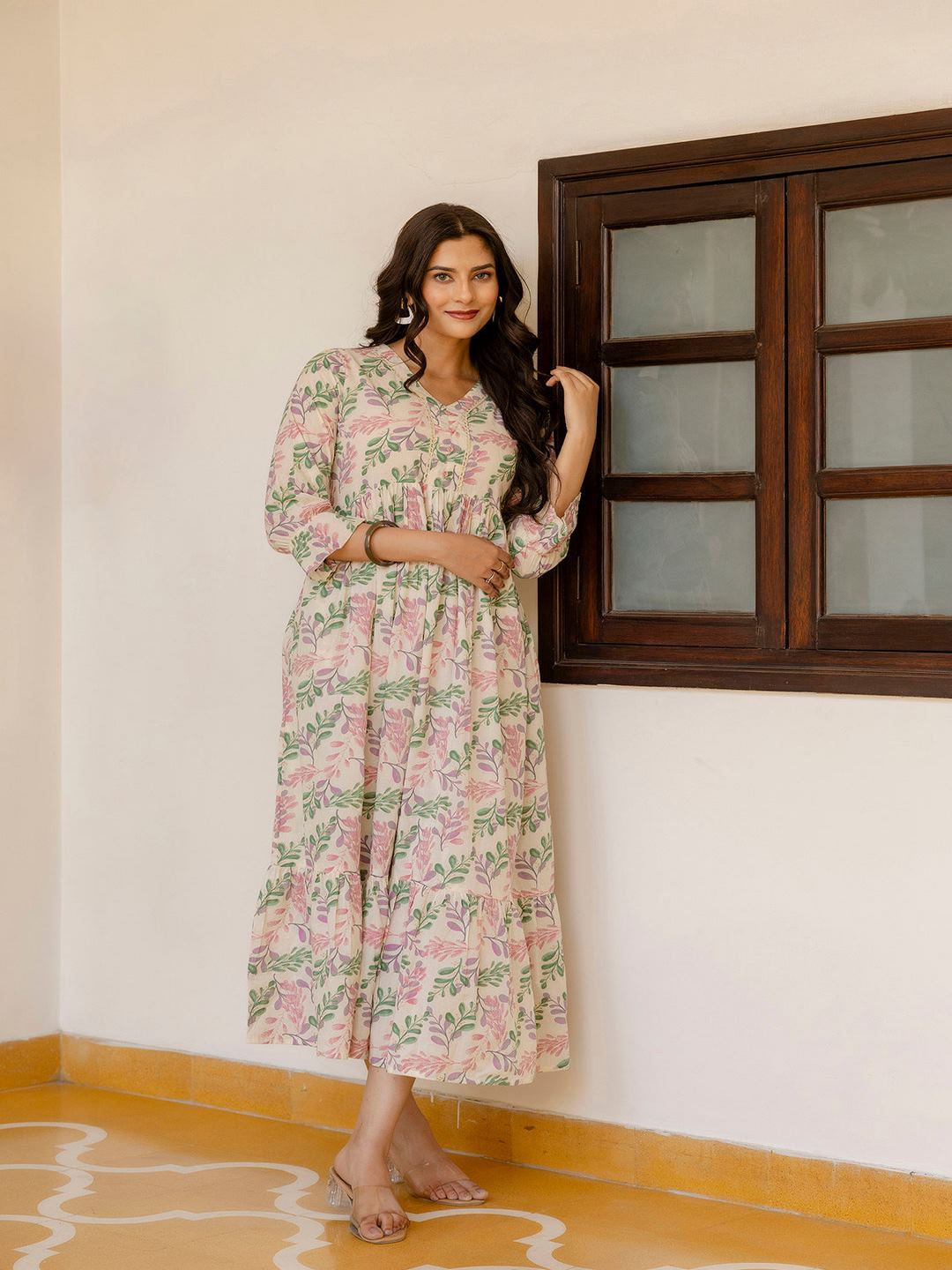 Off-White Floral Printed Flared Dress With Three Quarter Sleeves