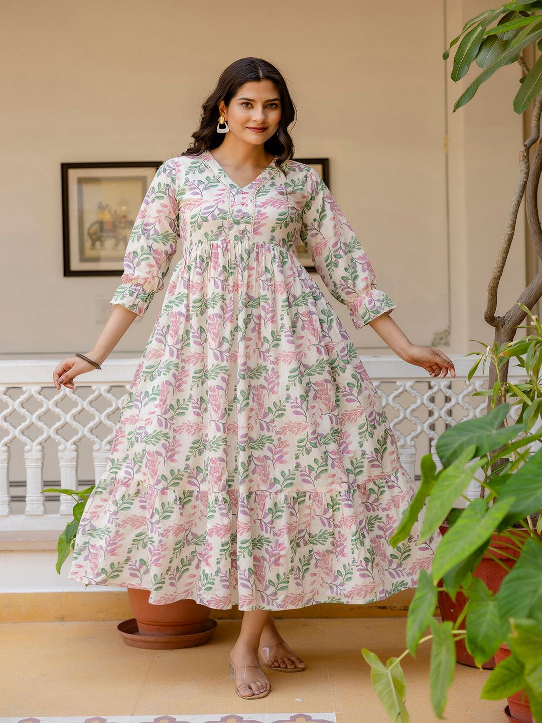 Off-White Floral Printed Flared Dress With Three Quarter Sleeves