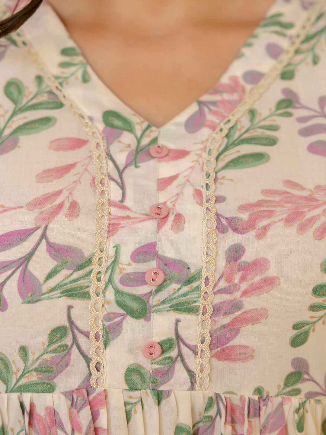 Off-White Floral Printed Flared Dress With Three Quarter Sleeves