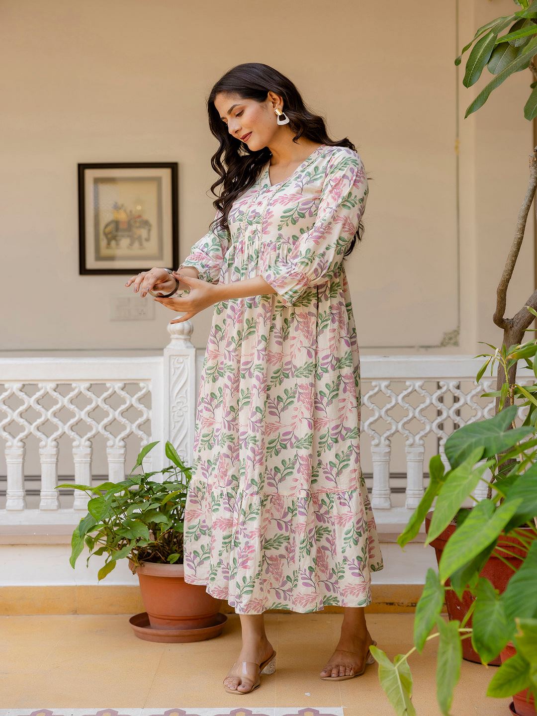 Off-White Floral Printed Flared Dress With Three Quarter Sleeves