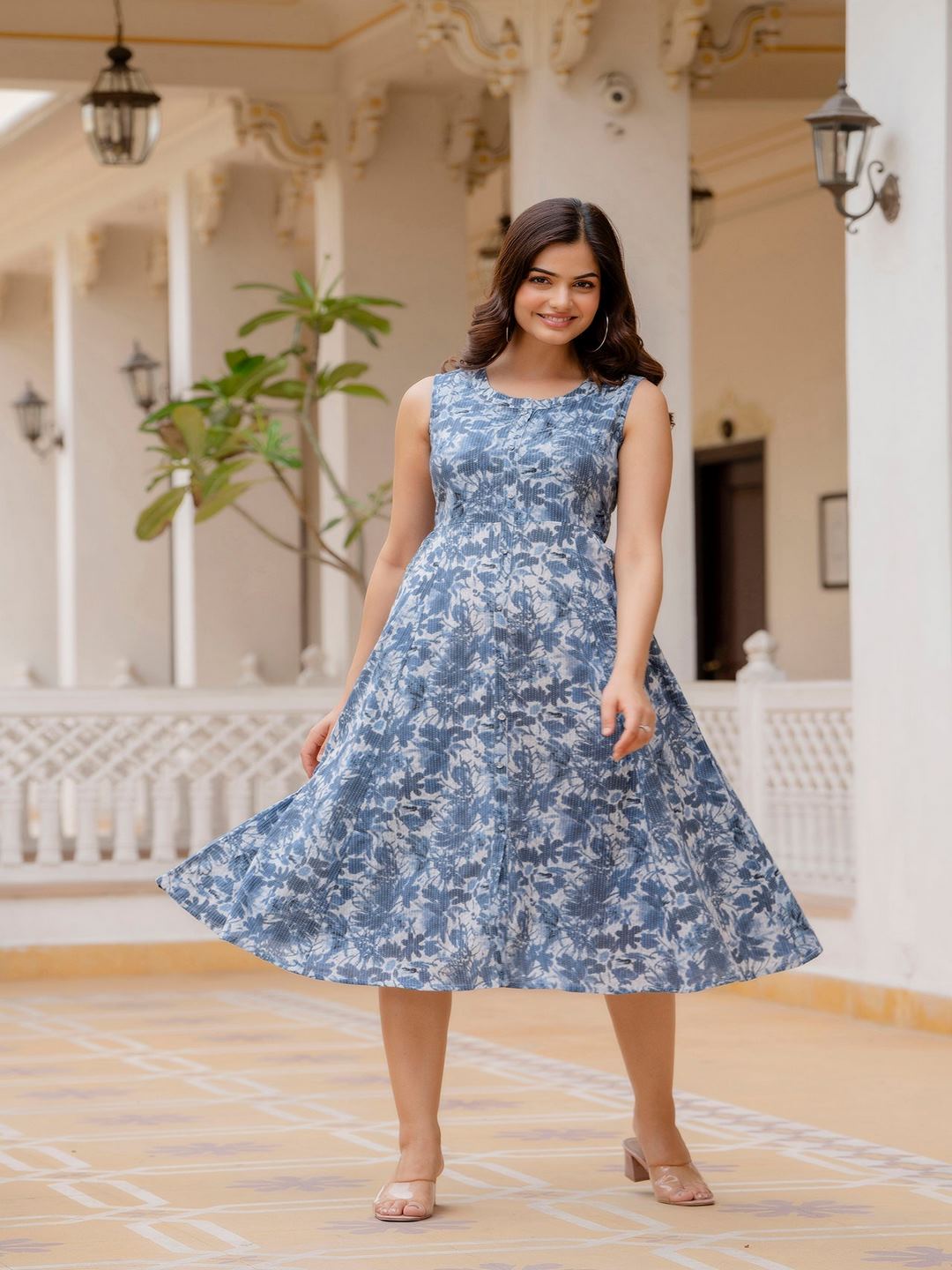 Blue Printed Flared Dress  Trendphoria