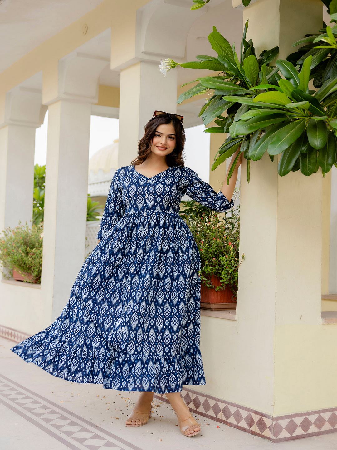 Navy Blue Printed Flared Dress Navy Blue Printed Flared Dress
