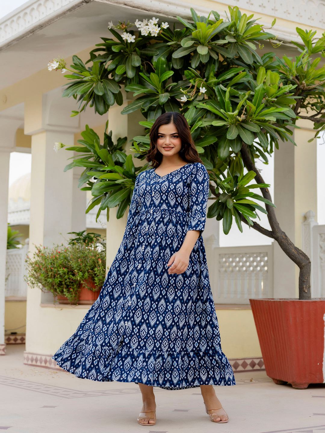 Navy Blue Printed Flared Dress