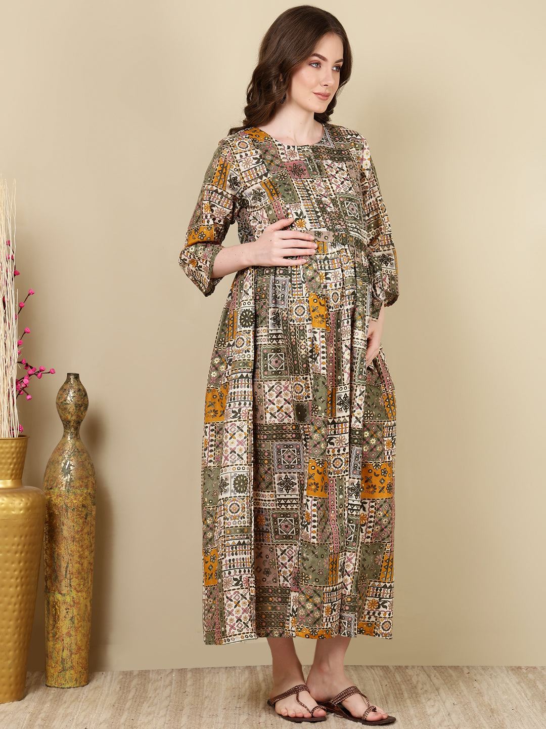 Multi Printed Flared Maternity Dress