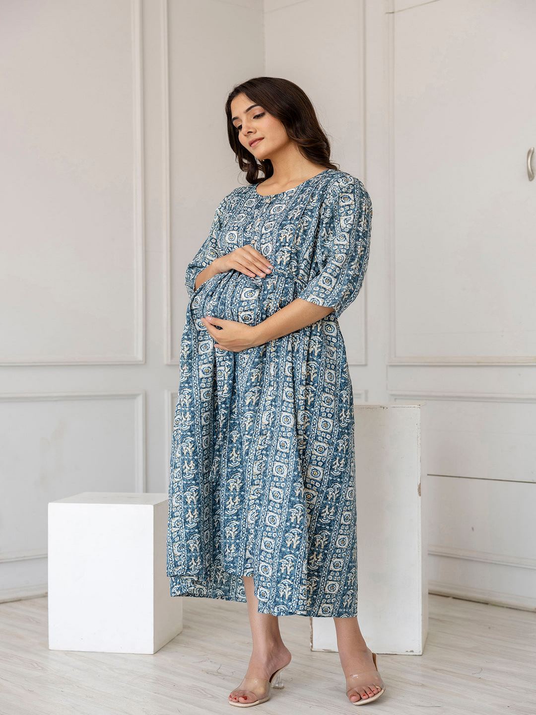 Teal Blue Printed Flared Maternity Dress