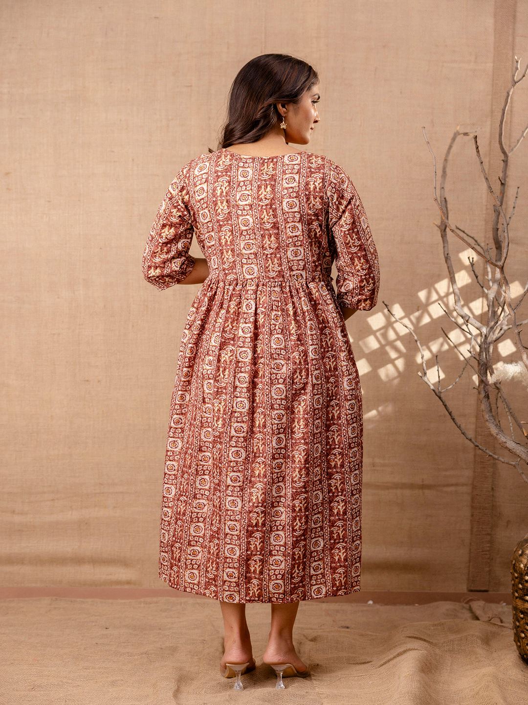 Brown Printed Flared Maternity Dress