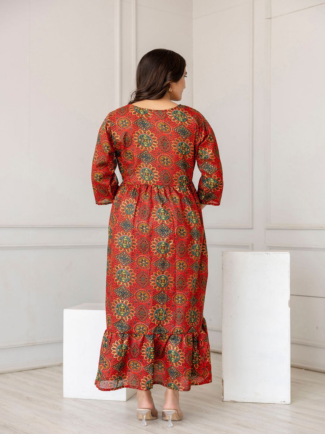 Maroon Printed Flared Maternity Dress