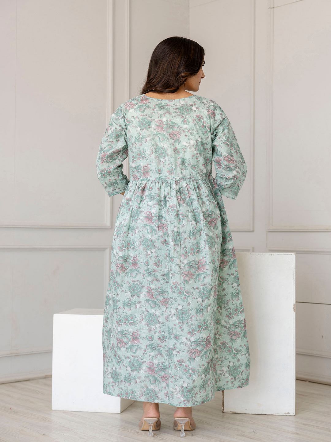 Green Printed Flared Maternity Dress