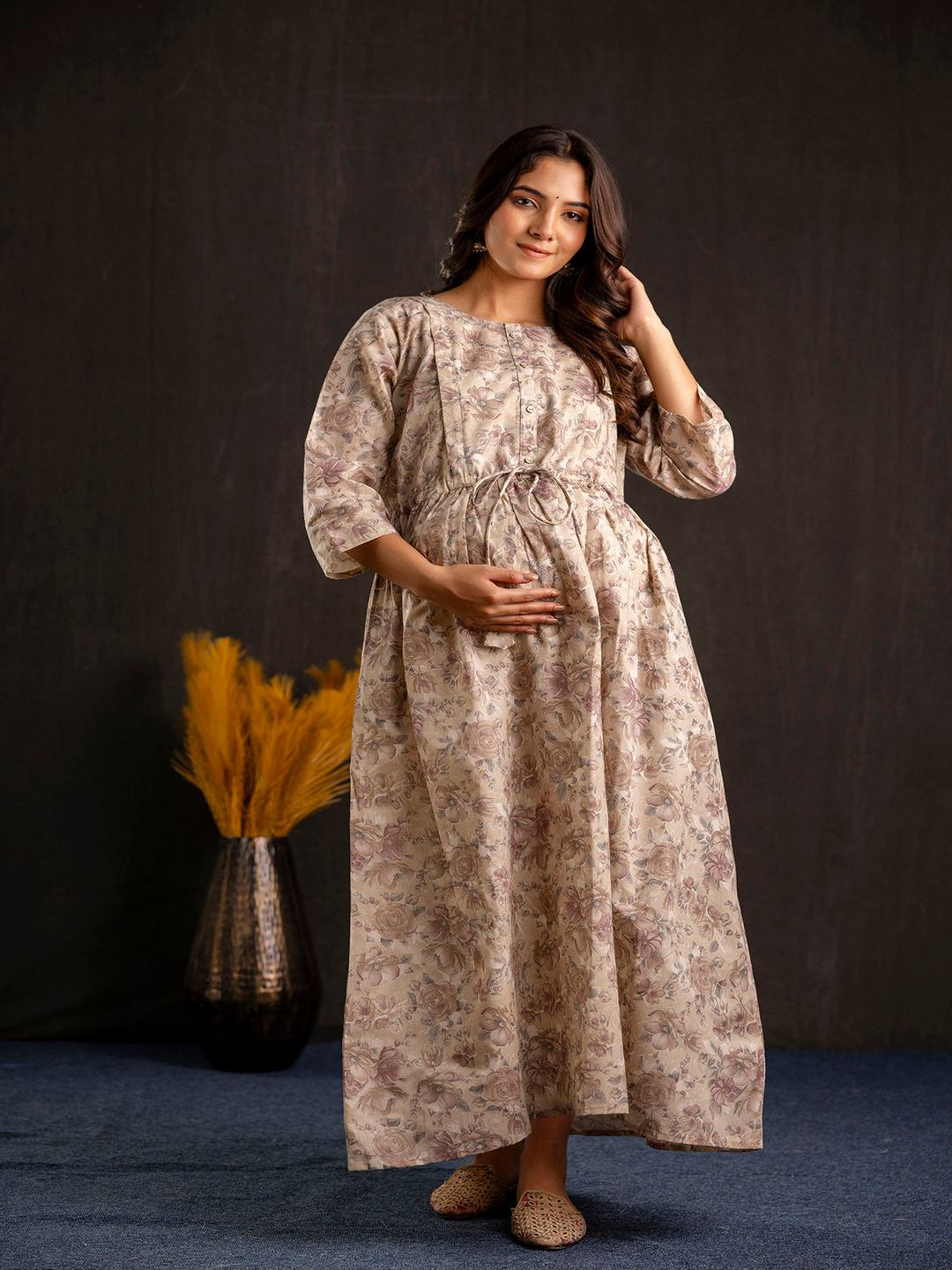 Beige Printed Flared Maternity Dress