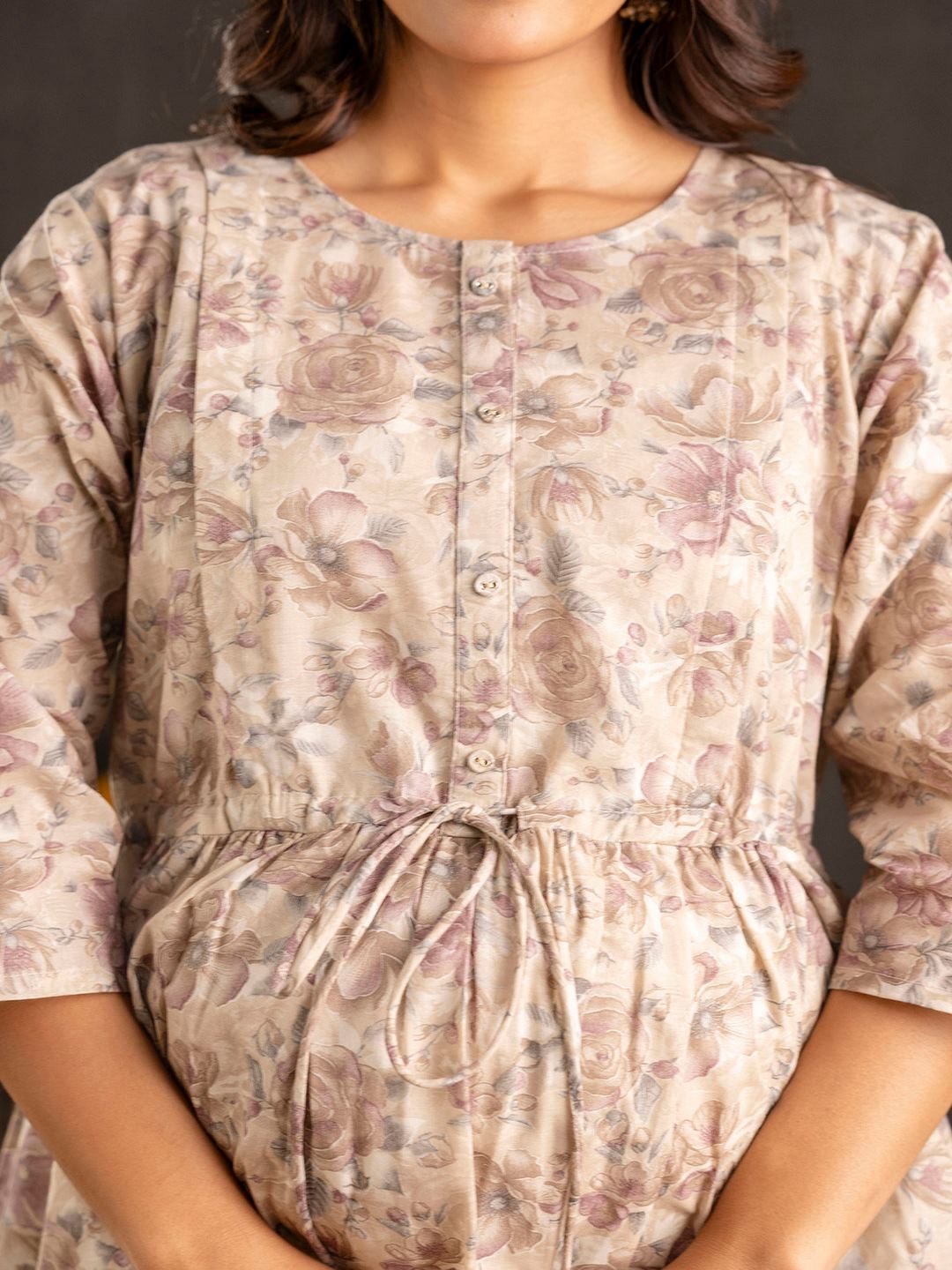 Beige Printed Flared Maternity Dress