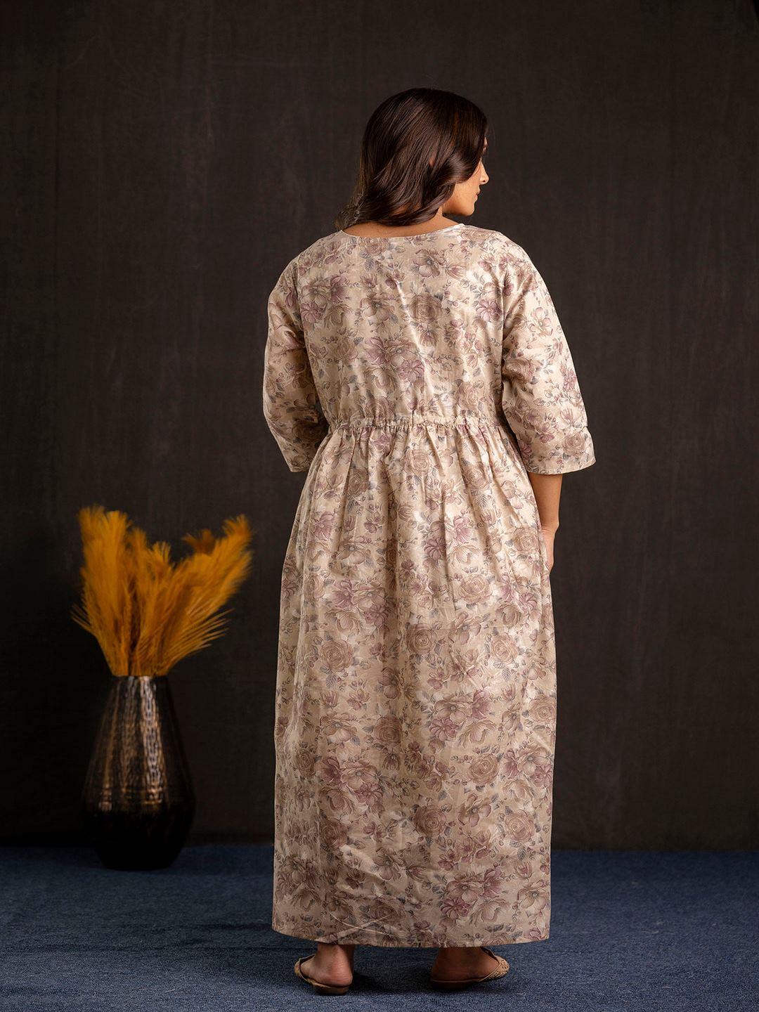 Beige Printed Flared Maternity Dress