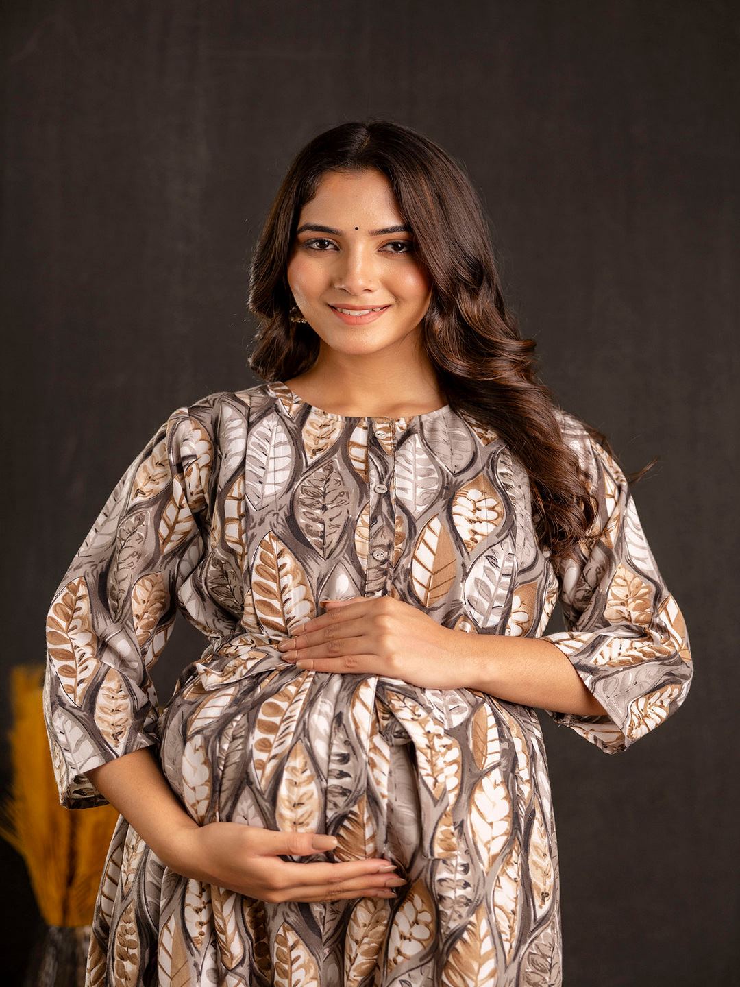 Grey Printed Flared Maternity Dress