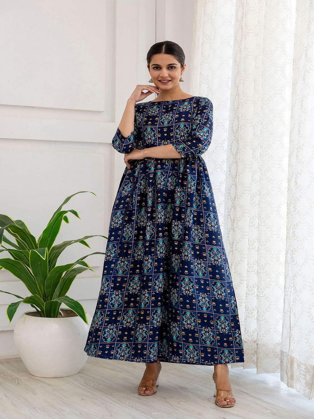 navy blue ethnic dress Schiffli A-Line Ethnic Dress