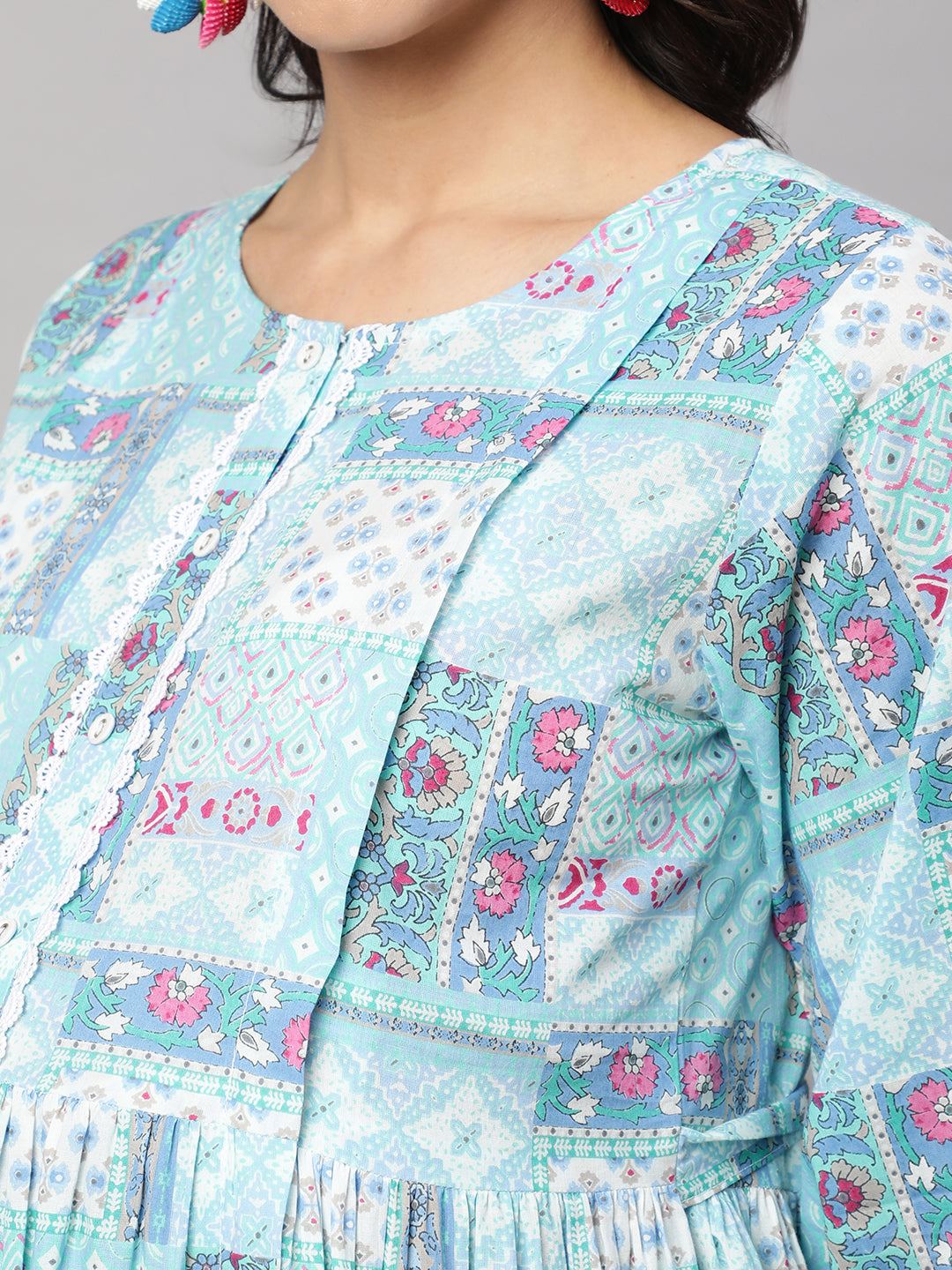 Sky Blue Printed Flared Maternity Dress