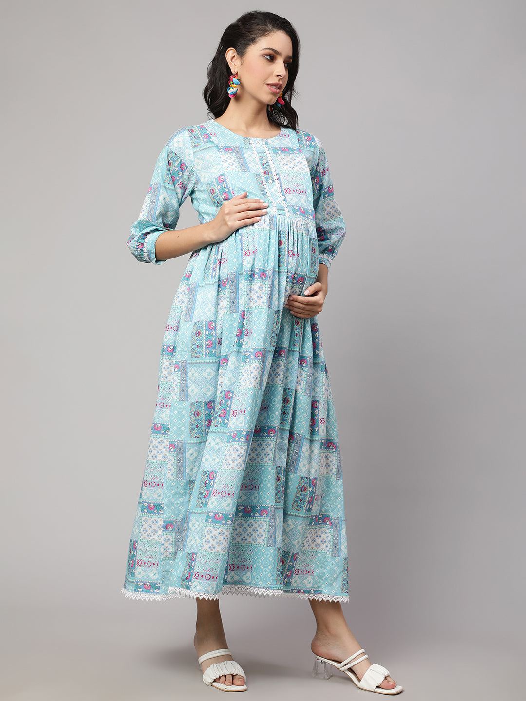 Sky Blue Printed Flared Maternity Dress