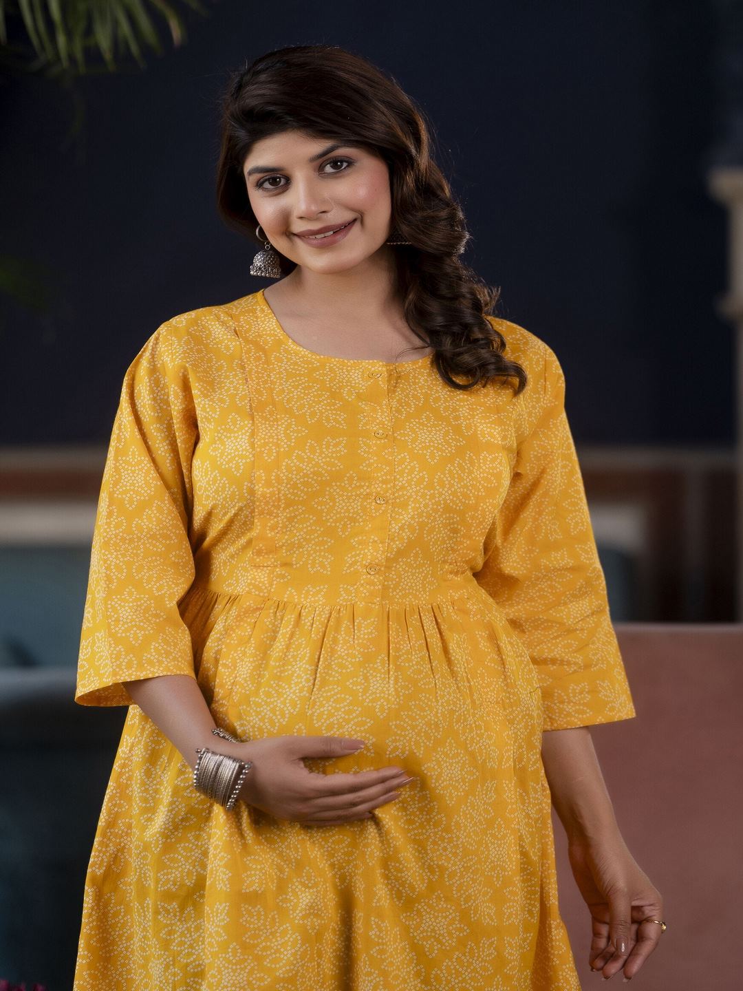 Yellow Printed Flared Maternity Dress