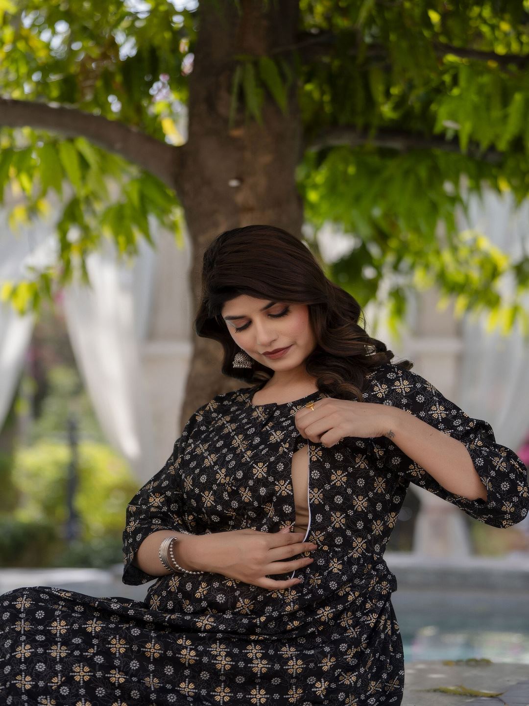 Black & Gold Printed Flared Maternity Dress