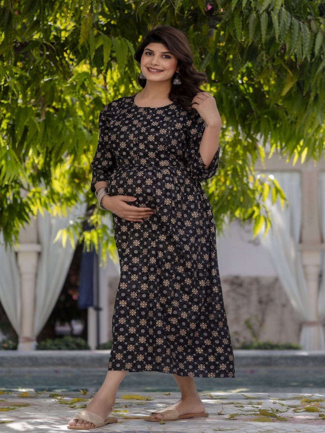 Black & Gold Printed Flared Maternity Dress