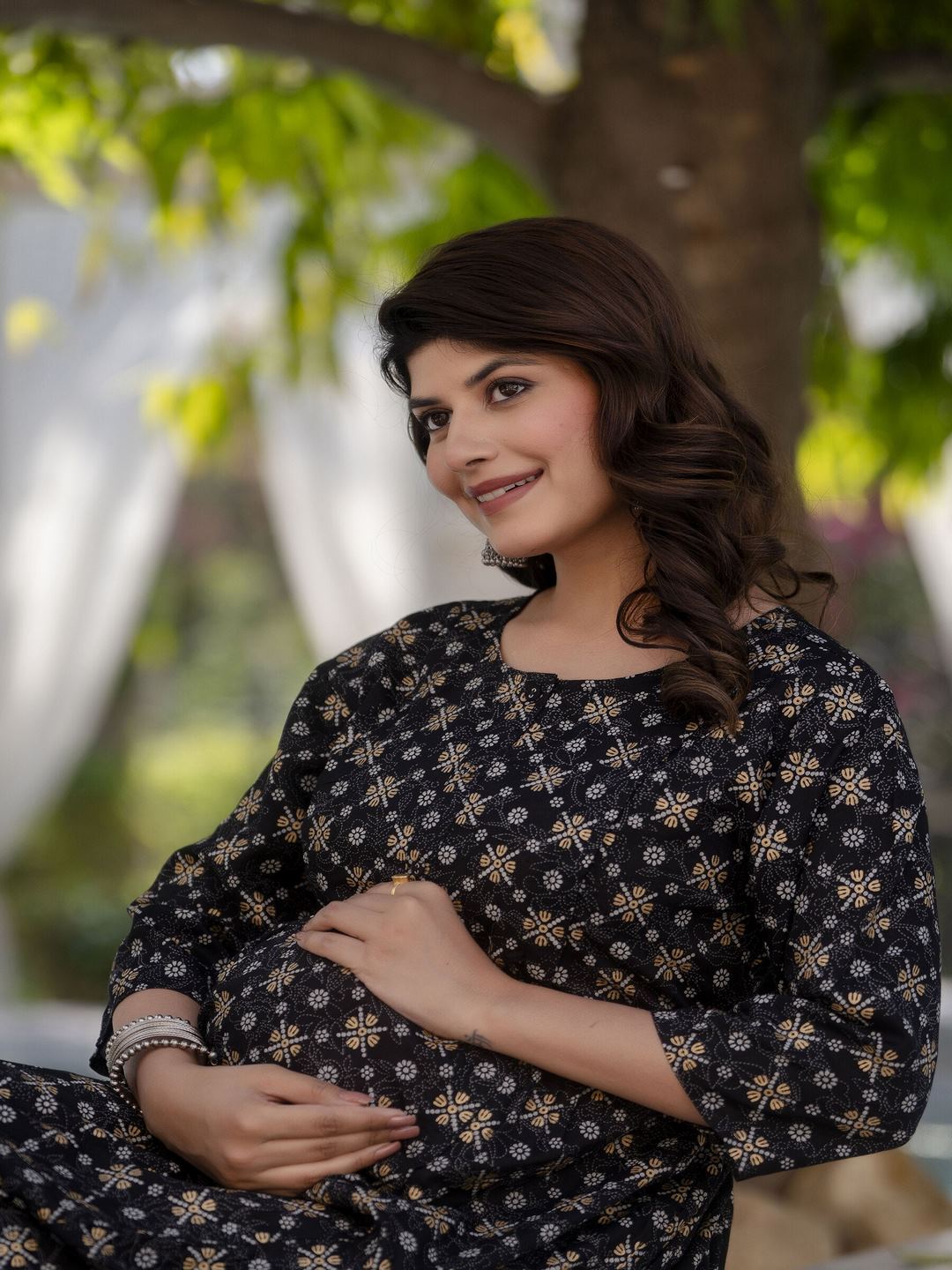 Black & Gold Printed Flared Maternity Dress