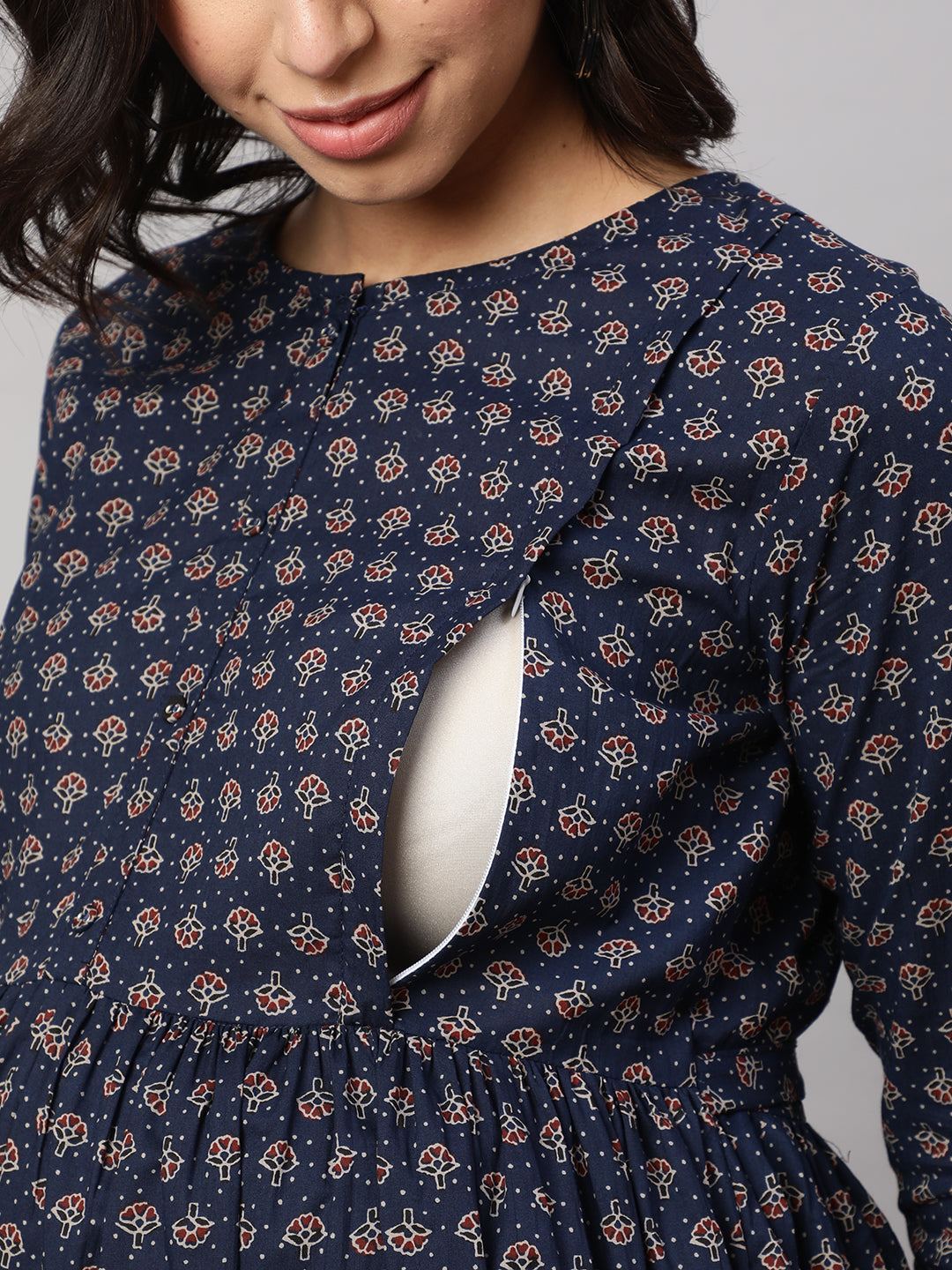 Navy Blue Printed Flared Maternity Dress