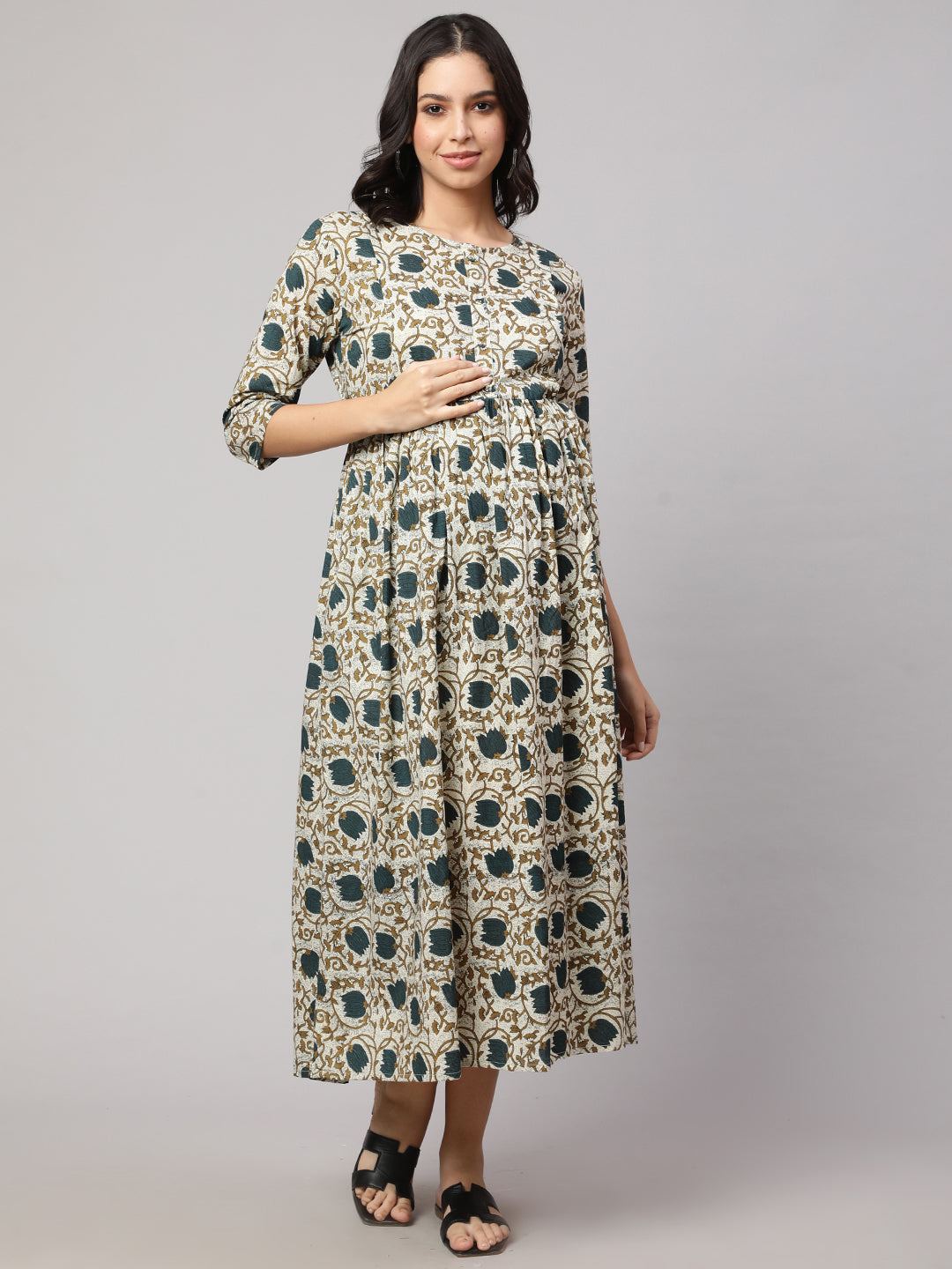 Beige Printed Flared Maternity Dress
