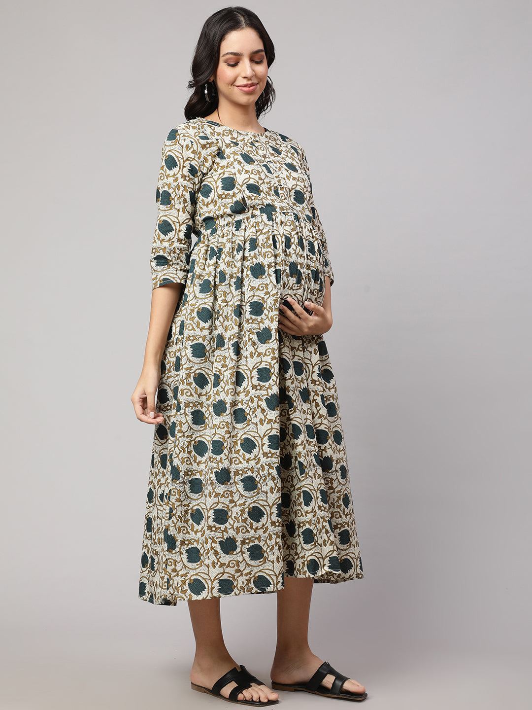 Beige Printed Flared Maternity Dress