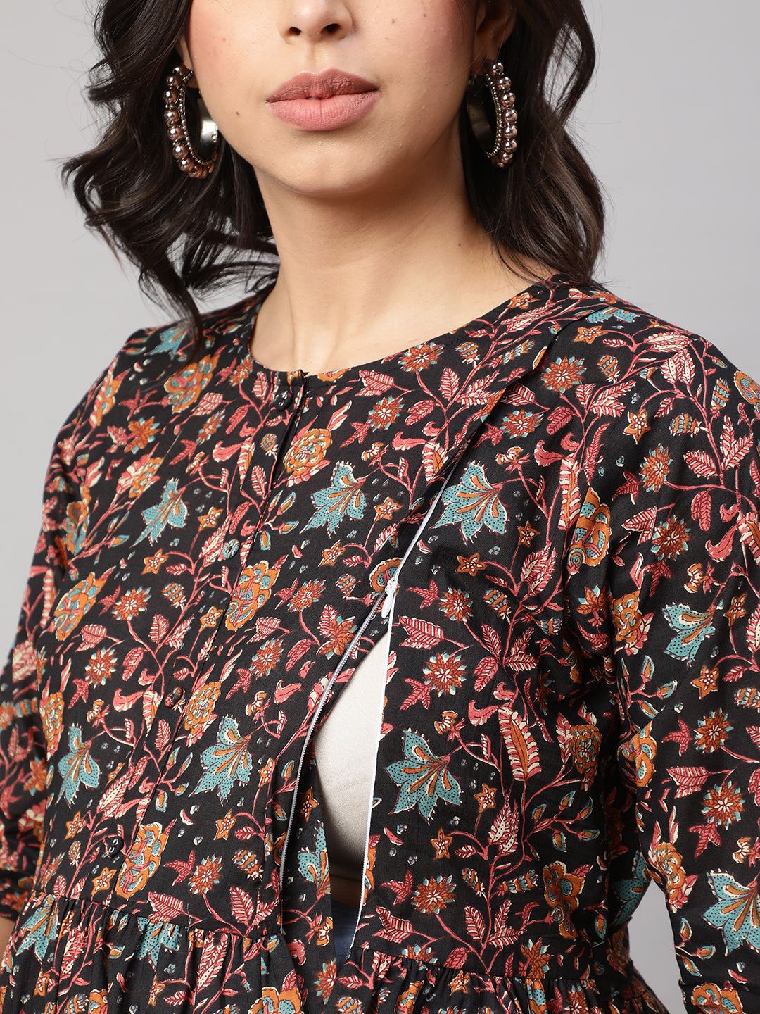 Black Printed Flared Maternity Dress