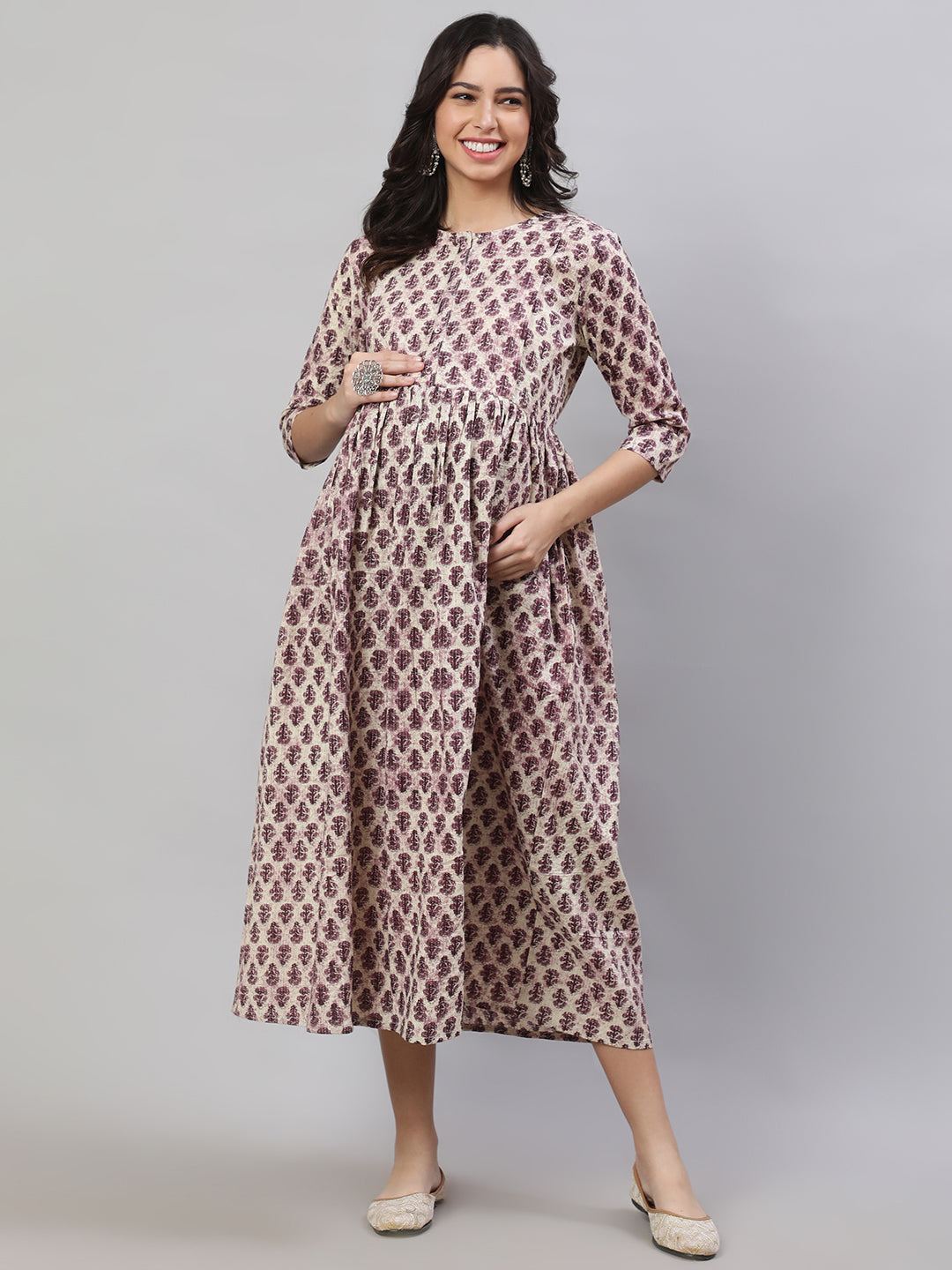Beige Printed Flared Maternity Dress