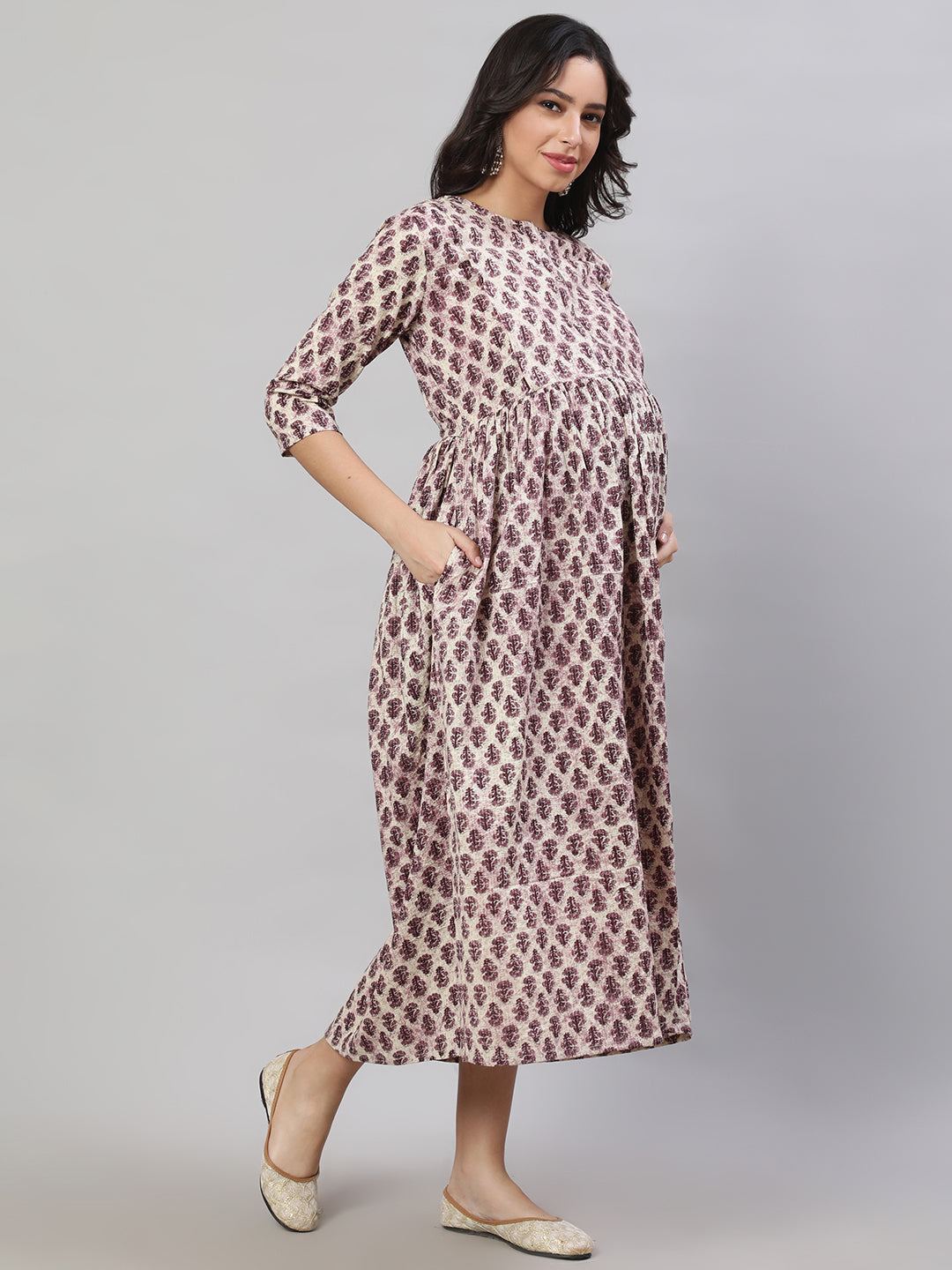 Beige Printed Flared Maternity Dress