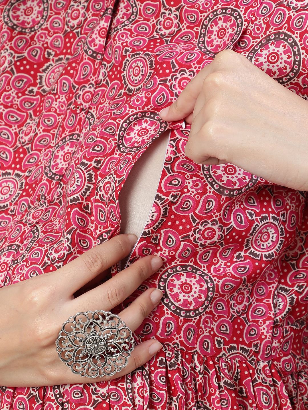 Pink Printed Flared Maternity Dress