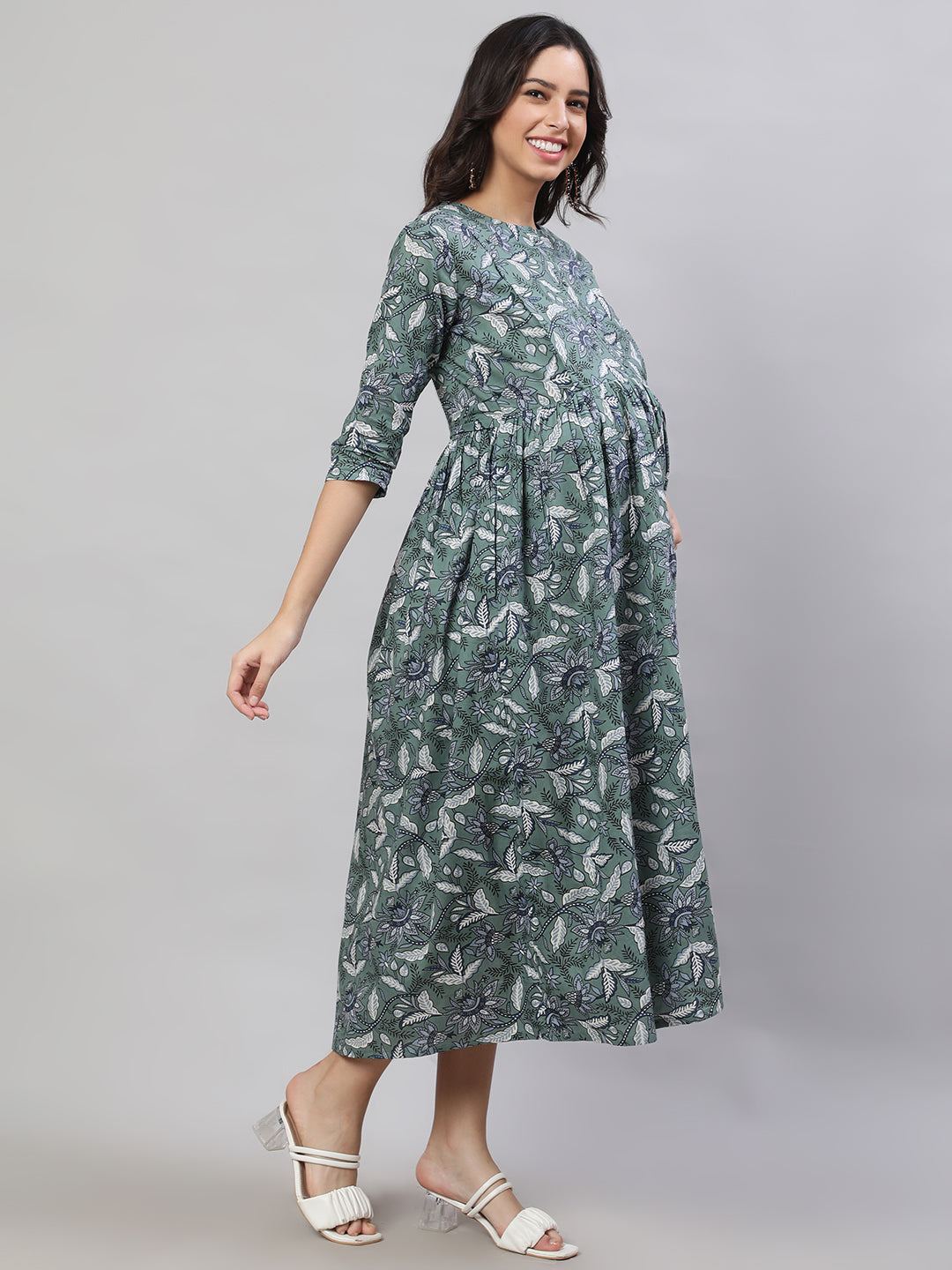Green Printed Flared Maternity Dress