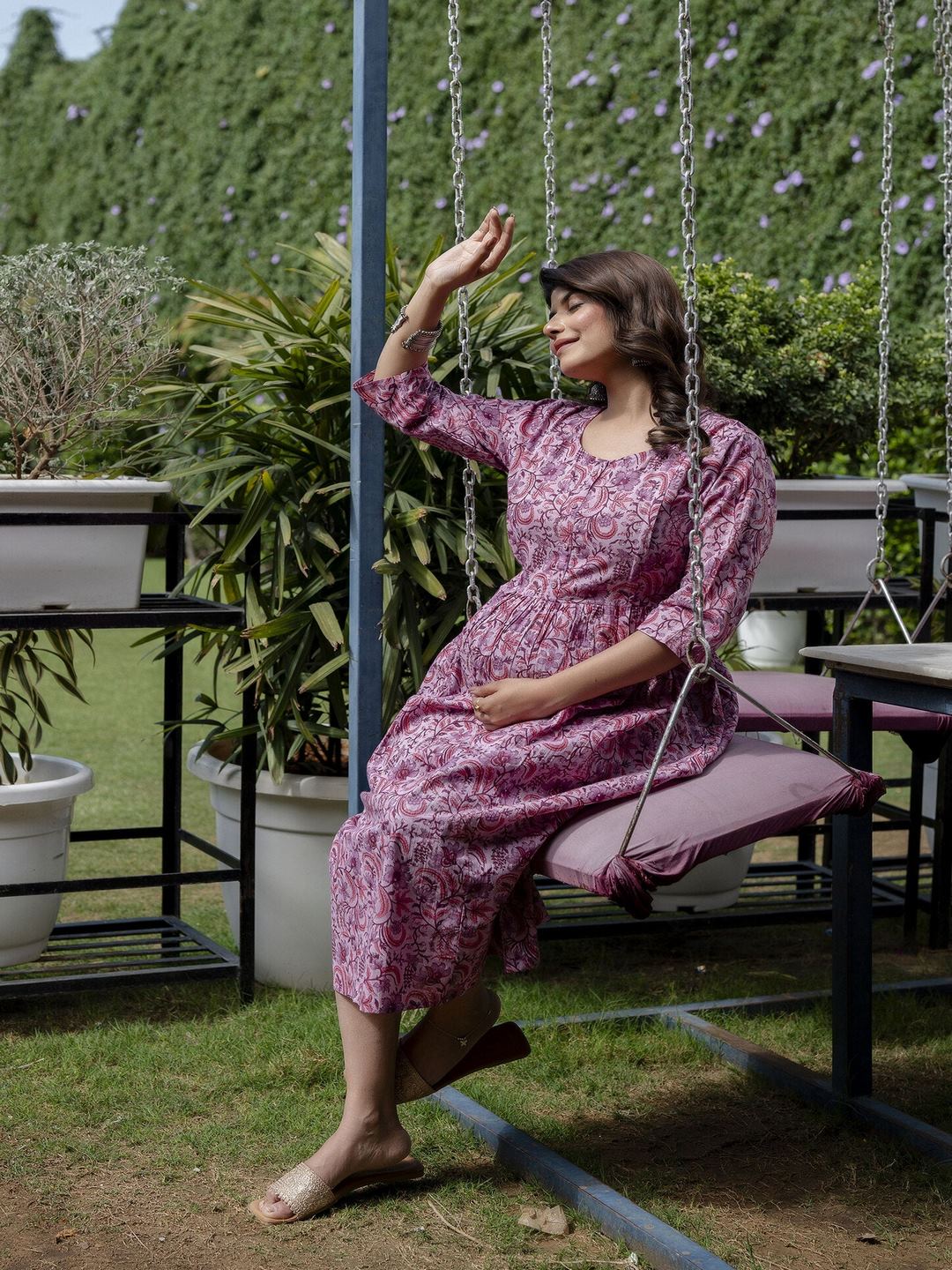 Lavender Printed Flared Maternity Dress