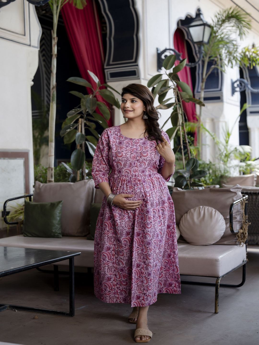 Lavender Printed Flared Maternity Dress