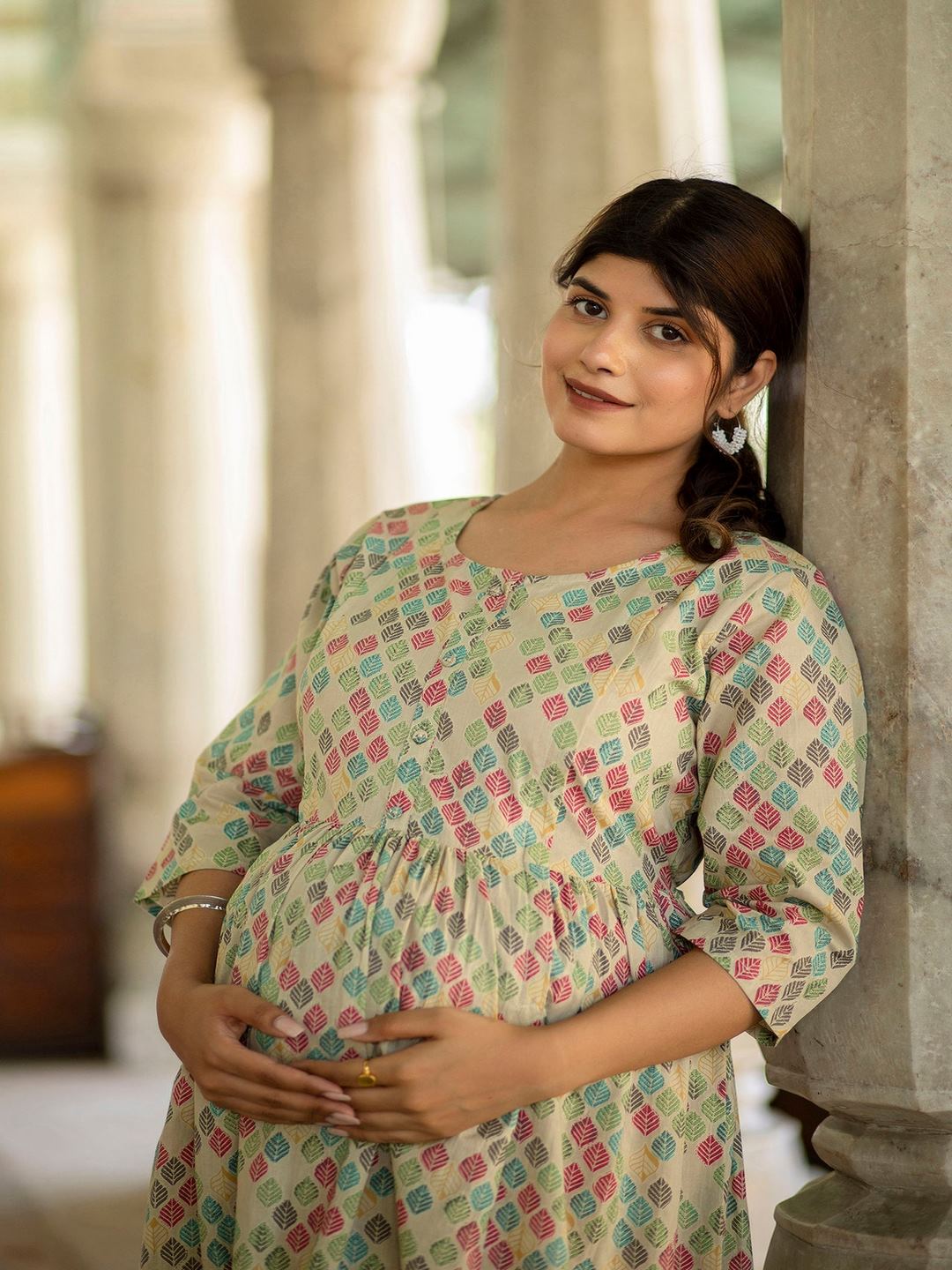 Beige Printed Flared Maternity Dress