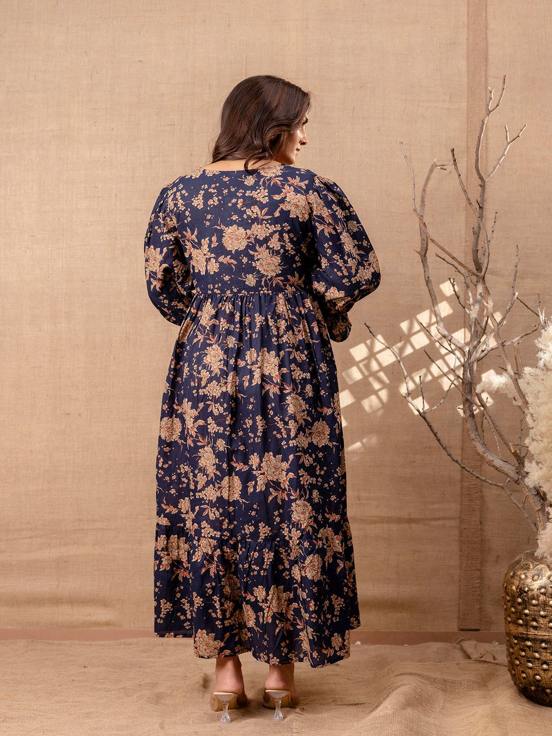 Navy Blue Printed Flared Maternity Dress