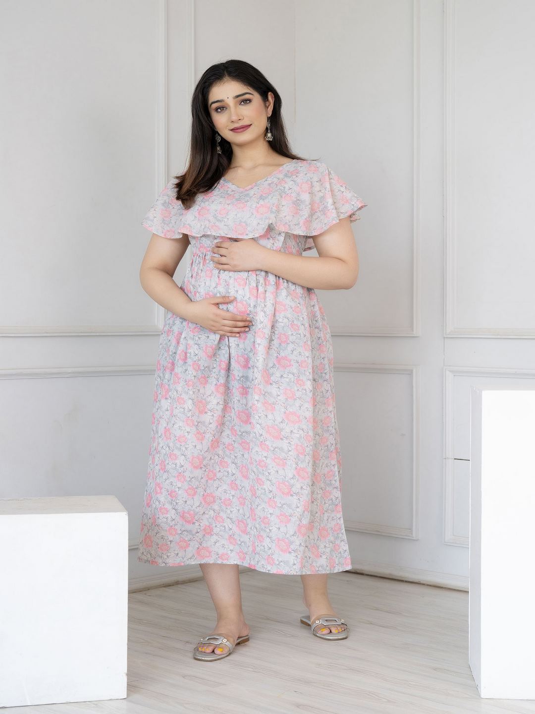 Grey Printed Flared Maternity Dress Trendphoria Grey Printed Flared Maternity Dress Trendphoria